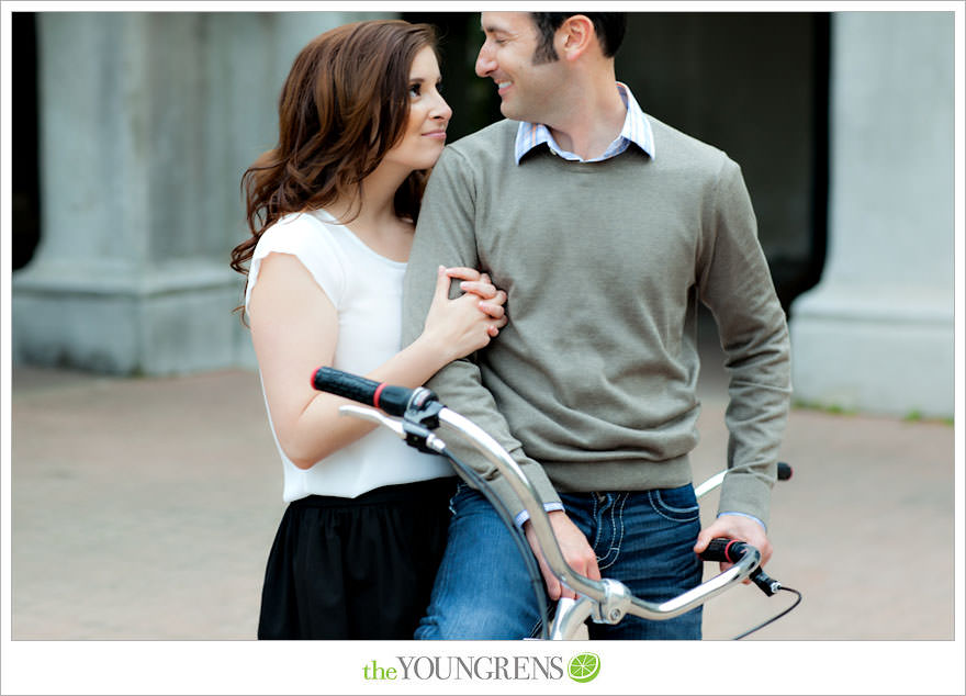 Balboa Park engagment, game board engagement, tandem bike engagement, San Diego engagement, Scrabble engagement, Stratego engagement, game engagement, picnic engagement, bike engagement