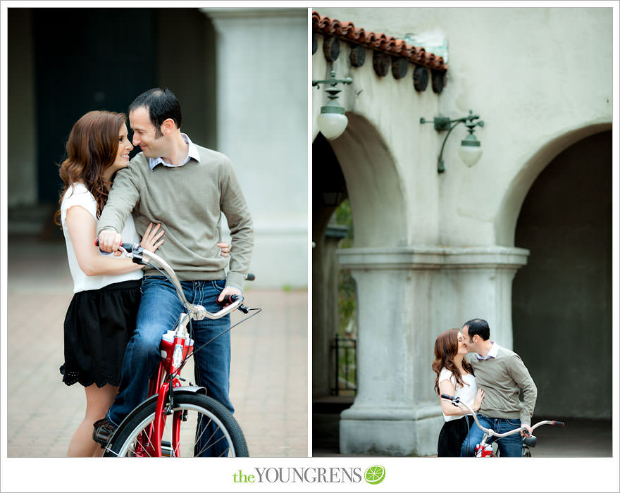 Balboa Park engagment, game board engagement, tandem bike engagement, San Diego engagement, Scrabble engagement, Stratego engagement, game engagement, picnic engagement, bike engagement