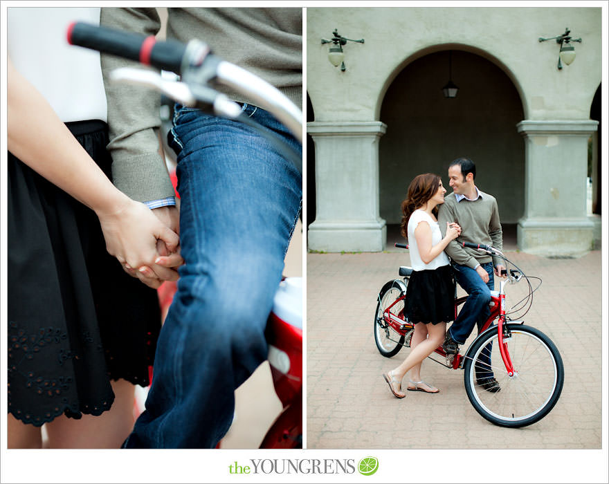 Balboa Park engagment, game board engagement, tandem bike engagement, San Diego engagement, Scrabble engagement, Stratego engagement, game engagement, picnic engagement, bike engagement