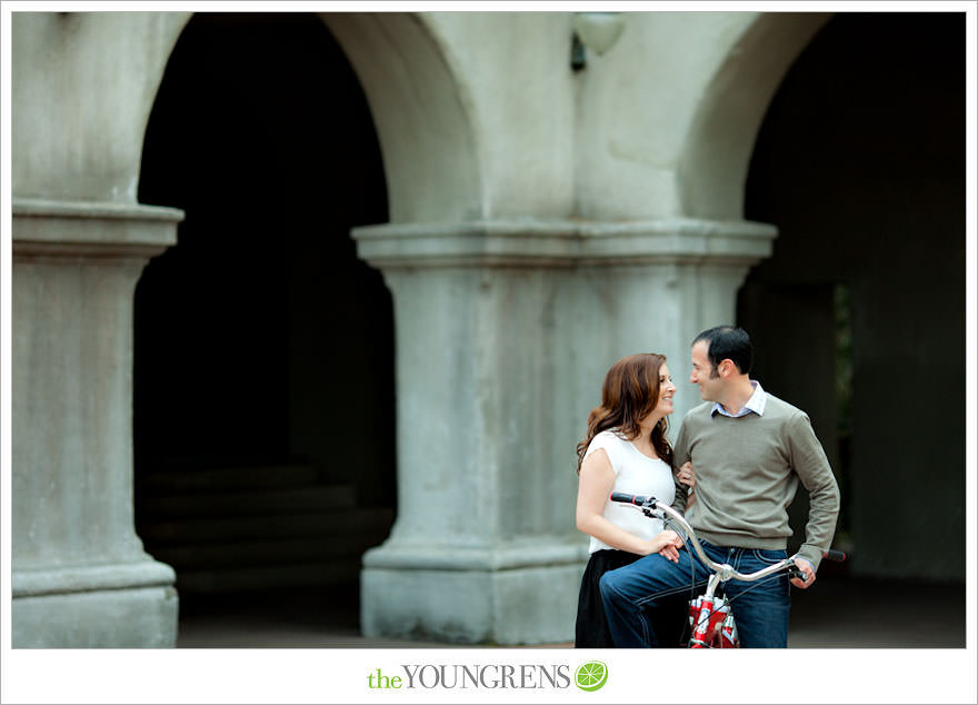 Balboa Park engagment, game board engagement, tandem bike engagement, San Diego engagement, Scrabble engagement, Stratego engagement, game engagement, picnic engagement, bike engagement