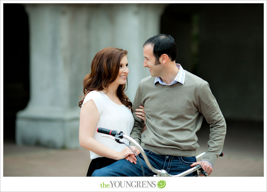 Balboa Park engagment, game board engagement, tandem bike engagement, San Diego engagement, Scrabble engagement, Stratego engagement, game engagement, picnic engagement, bike engagement