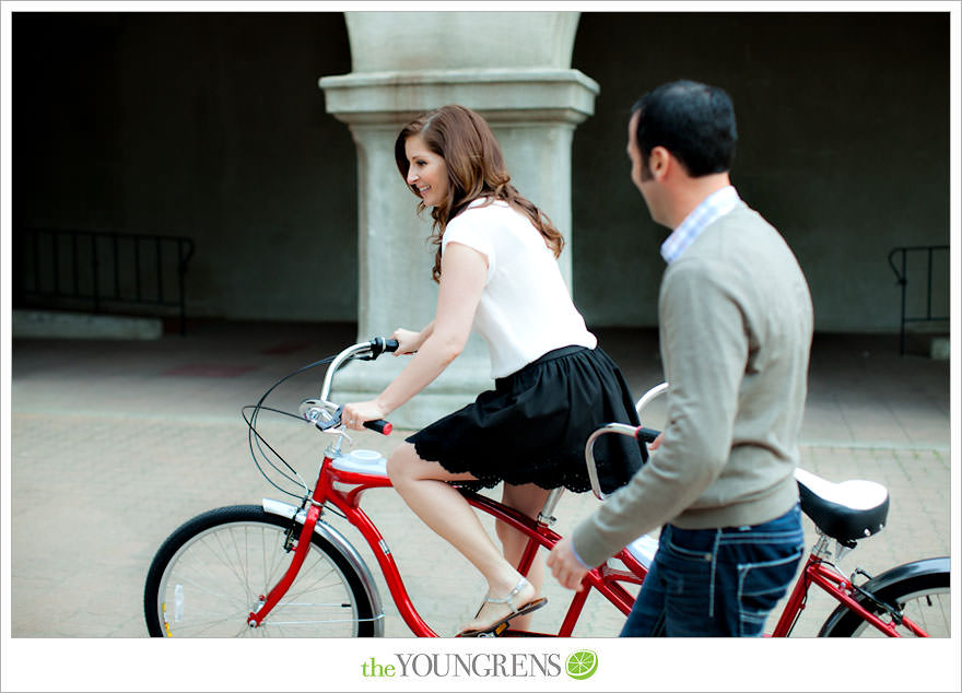 Balboa Park engagment, game board engagement, tandem bike engagement, San Diego engagement, Scrabble engagement, Stratego engagement, game engagement, picnic engagement, bike engagement