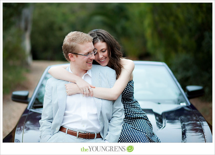 Rancho Santa Fe engagement, car engagement session, convertible engagement session, road trip themed engagement, driving engagement session, meadow engagement session, San Diego engagement session