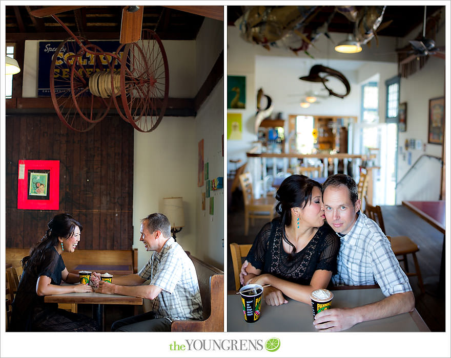 Encinitas engagement session, coffeehouse engagement session, Pannikin engagement session, beach engagement session, paddleboard engagement session, smashball engagement session, San Diego beach engagement session, coffee engagement session, Leucadia engagement session, sunset engagement session, pink engagement session, Swamis engagement session, Cardiff engagement session