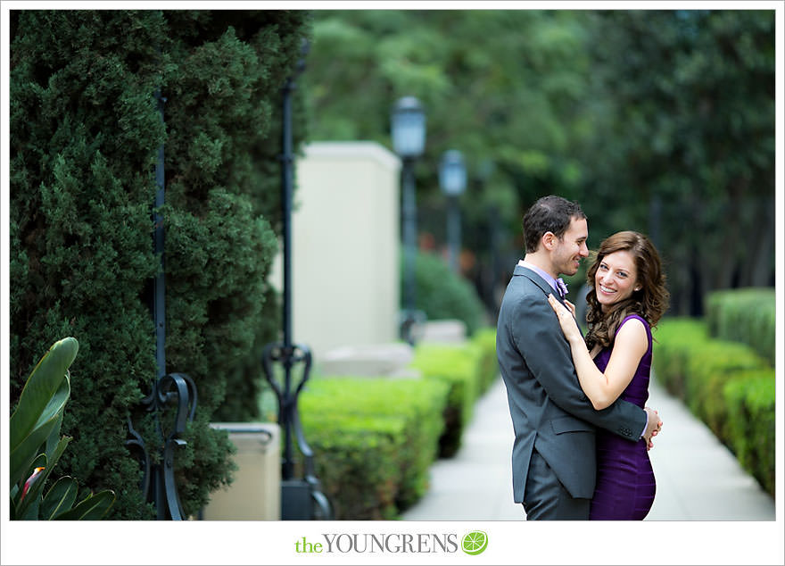 Café Pinot engagement session, LA library engagement session, downtown Los Angeles engagement session, purple engagement session, Louboutin engagement session, MacGuire Gardens engagement session