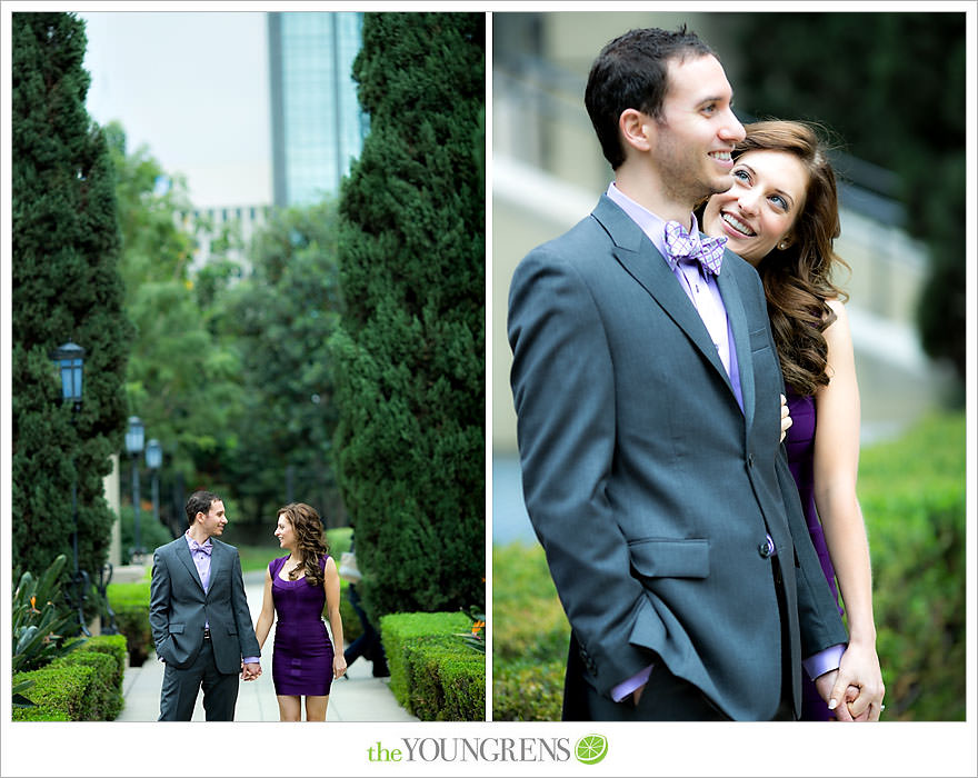 Café Pinot engagement session, LA library engagement session, downtown Los Angeles engagement session, purple engagement session, Louboutin engagement session, MacGuire Gardens engagement session