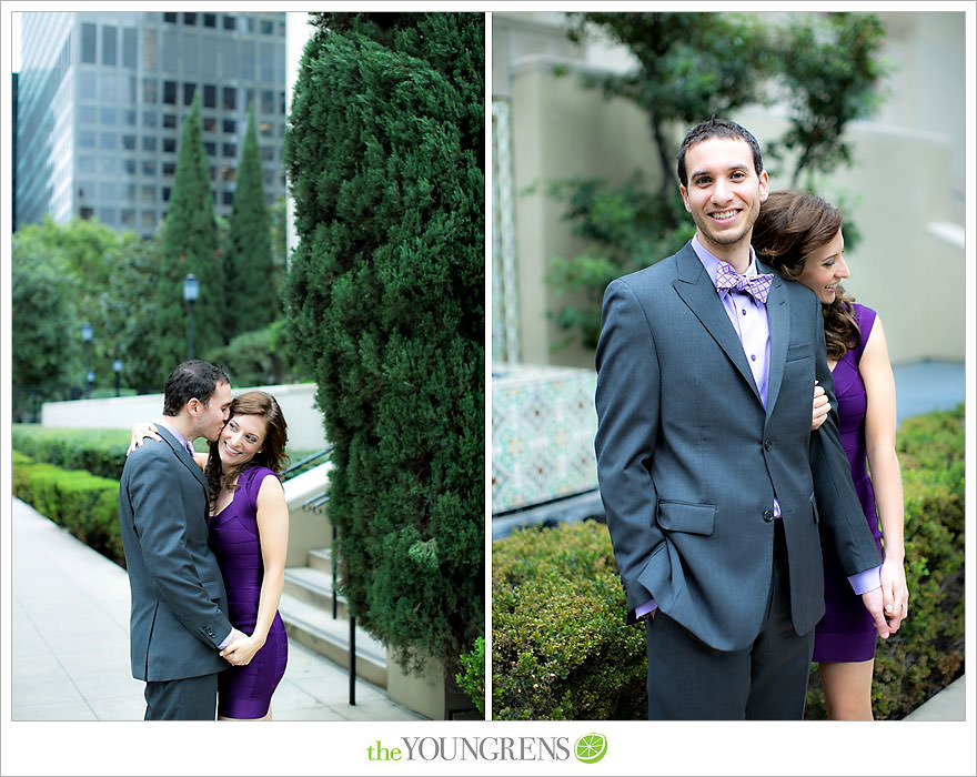 Café Pinot engagement session, LA library engagement session, downtown Los Angeles engagement session, purple engagement session, Louboutin engagement session, MacGuire Gardens engagement session