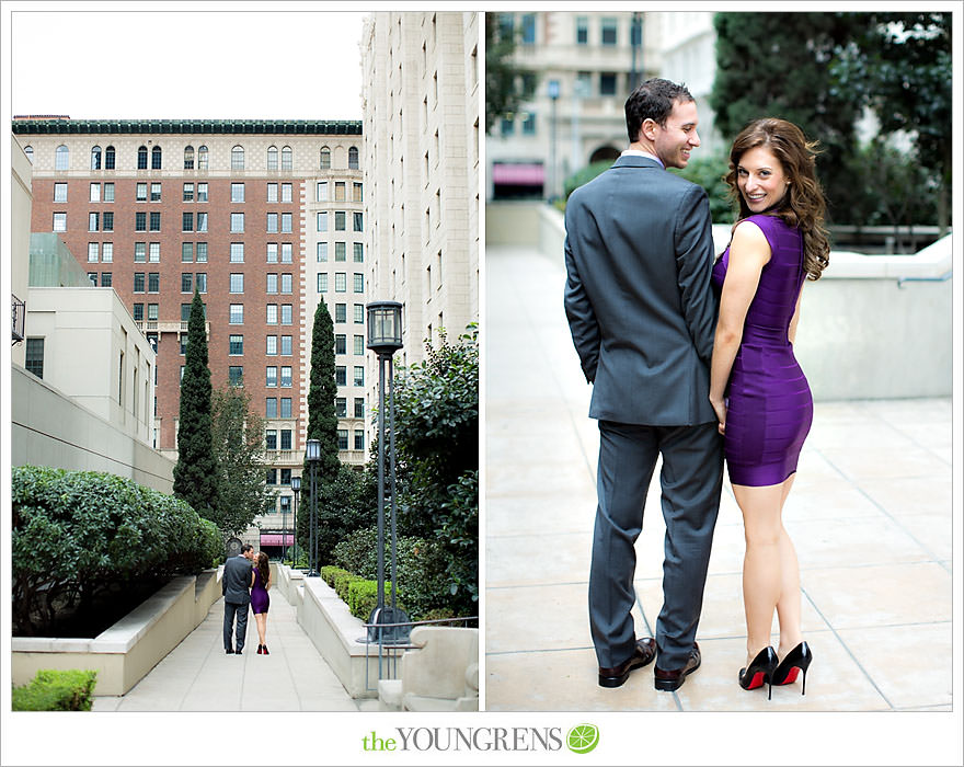 Café Pinot engagement session, LA library engagement session, downtown Los Angeles engagement session, purple engagement session, Louboutin engagement session, MacGuire Gardens engagement session