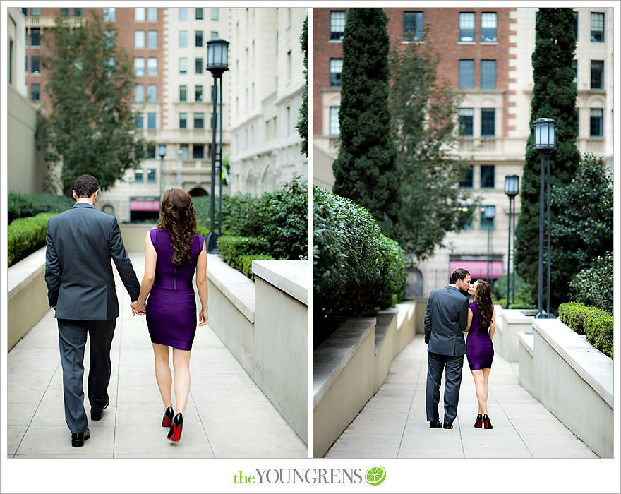 Café Pinot engagement session, LA library engagement session, downtown Los Angeles engagement session, purple engagement session, Louboutin engagement session, MacGuire Gardens engagement session