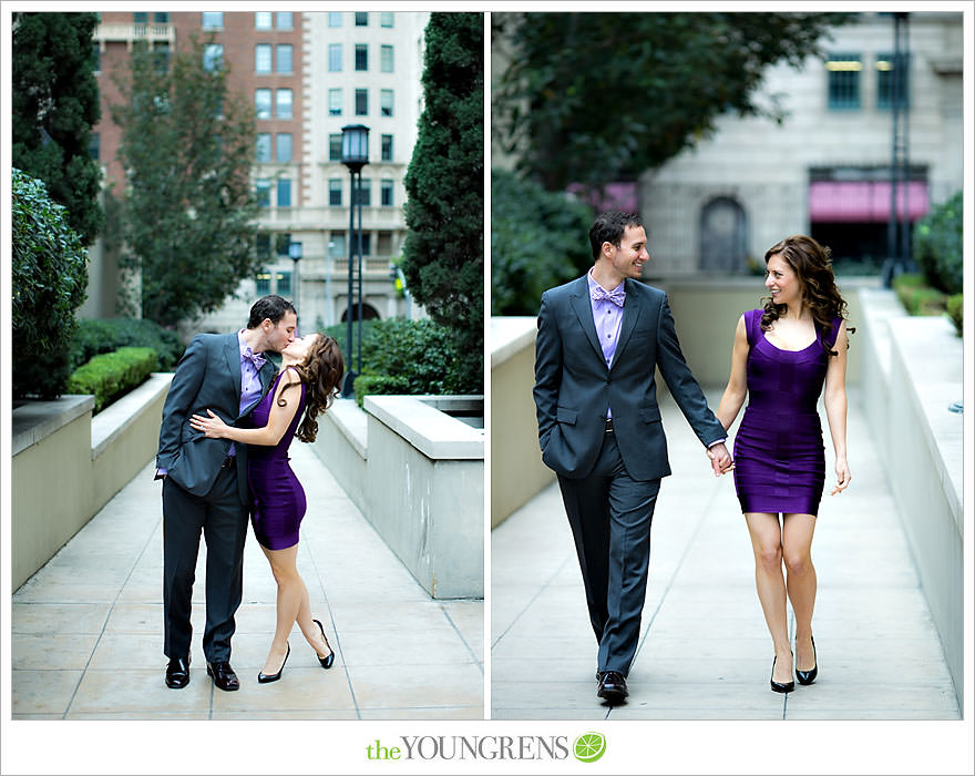 Café Pinot engagement session, LA library engagement session, downtown Los Angeles engagement session, purple engagement session, Louboutin engagement session, MacGuire Gardens engagement session