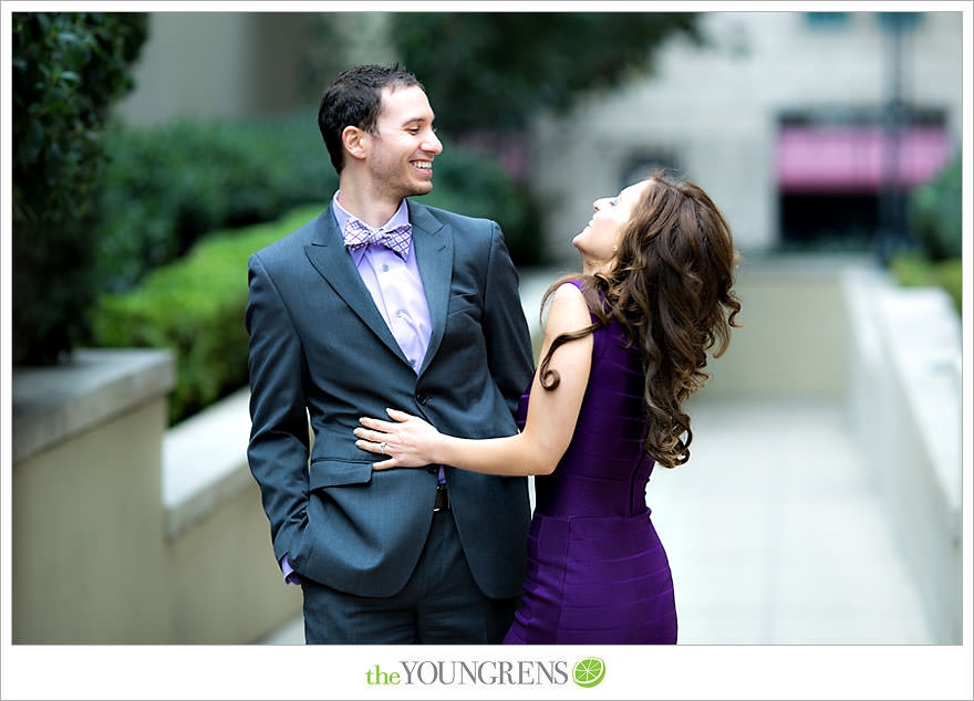 Café Pinot engagement session, LA library engagement session, downtown Los Angeles engagement session, purple engagement session, Louboutin engagement session, MacGuire Gardens engagement session