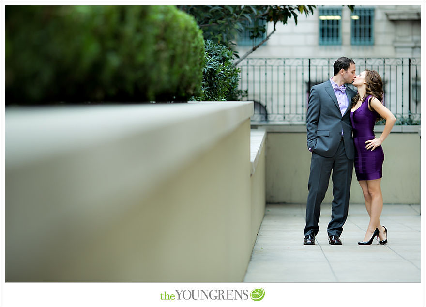 Café Pinot engagement session, LA library engagement session, downtown Los Angeles engagement session, purple engagement session, Louboutin engagement session, MacGuire Gardens engagement session