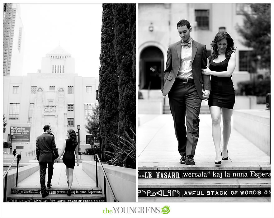 Café Pinot engagement session, LA library engagement session, downtown Los Angeles engagement session, purple engagement session, Louboutin engagement session, MacGuire Gardens engagement session