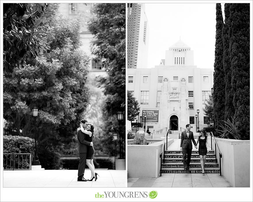 Café Pinot engagement session, LA library engagement session, downtown Los Angeles engagement session, purple engagement session, Louboutin engagement session, MacGuire Gardens engagement session