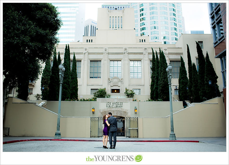 Café Pinot engagement session, LA library engagement session, downtown Los Angeles engagement session, purple engagement session, Louboutin engagement session, MacGuire Gardens engagement session