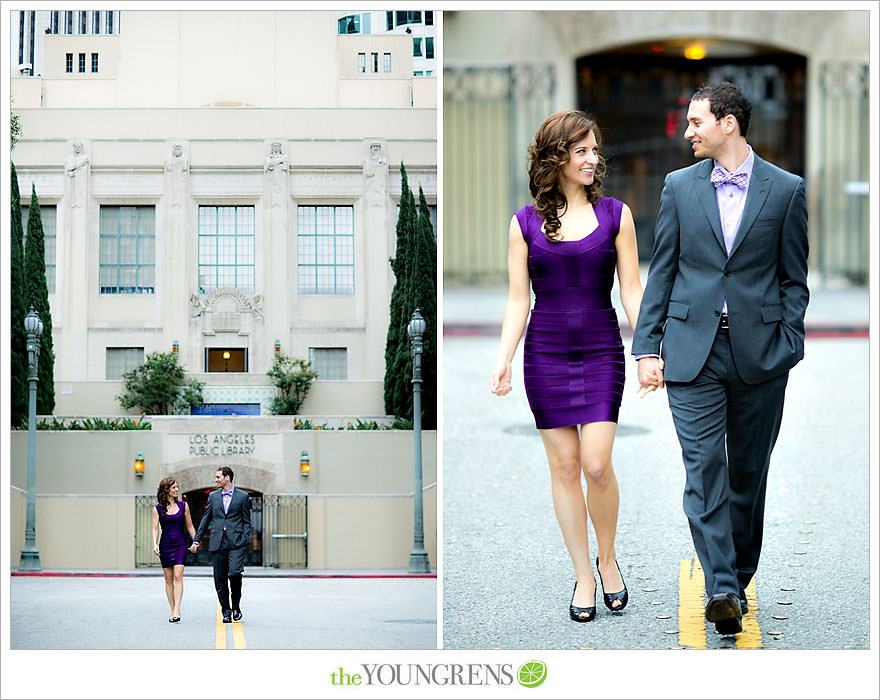 Café Pinot engagement session, LA library engagement session, downtown Los Angeles engagement session, purple engagement session, Louboutin engagement session, MacGuire Gardens engagement session