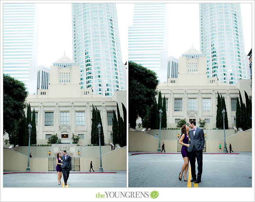 Café Pinot engagement session, LA library engagement session, downtown Los Angeles engagement session, purple engagement session, Louboutin engagement session, MacGuire Gardens engagement session