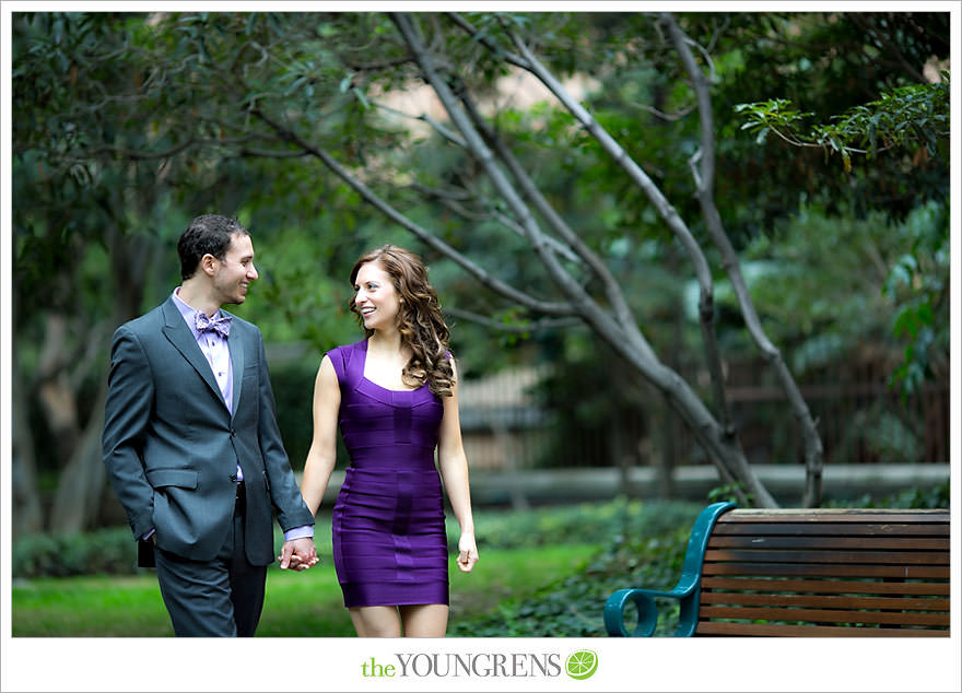 Café Pinot engagement session, LA library engagement session, downtown Los Angeles engagement session, purple engagement session, Louboutin engagement session, MacGuire Gardens engagement session