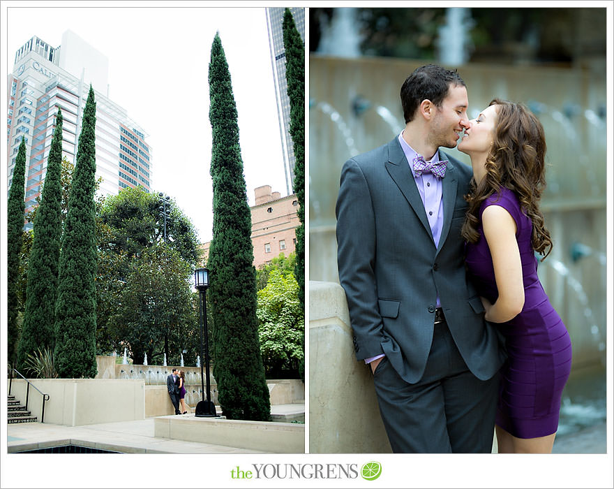 Café Pinot engagement session, LA library engagement session, downtown Los Angeles engagement session, purple engagement session, Louboutin engagement session, MacGuire Gardens engagement session