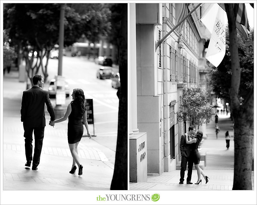 Café Pinot engagement session, LA library engagement session, downtown Los Angeles engagement session, purple engagement session, Louboutin engagement session, MacGuire Gardens engagement session