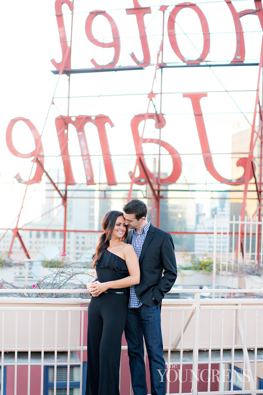 San Diego engagement session, downtown San Diego engagement session, St. James Hotel engagement session, rooftop engagement session, gaslamp engagement session, urban engagement session, skyline engagement session, San Diego skyline engagement session