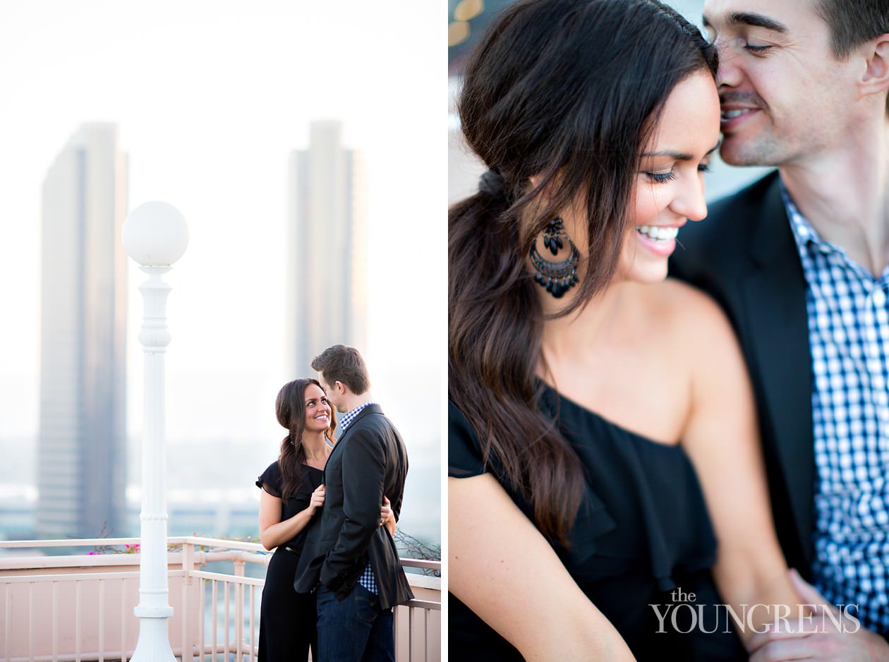 San Diego engagement session, downtown San Diego engagement session, St. James Hotel engagement session, rooftop engagement session, gaslamp engagement session, urban engagement session, skyline engagement session, San Diego skyline engagement session