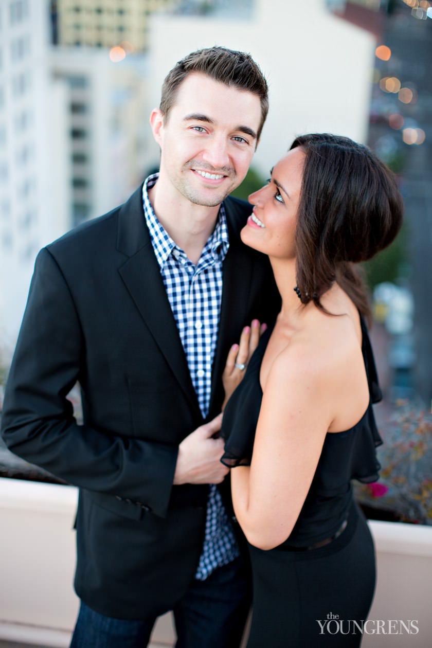 San Diego engagement session, downtown San Diego engagement session, St. James Hotel engagement session, rooftop engagement session, gaslamp engagement session, urban engagement session, skyline engagement session, San Diego skyline engagement session