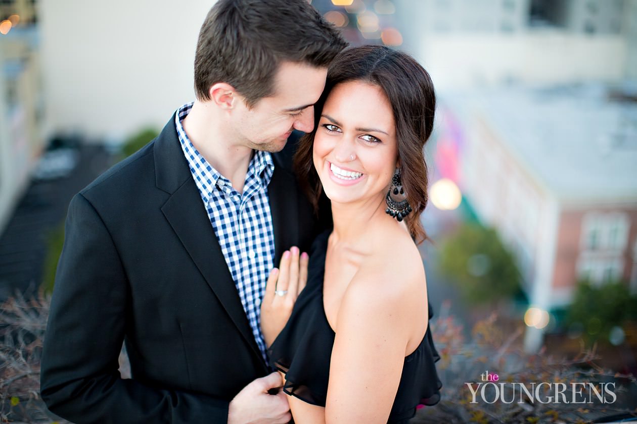 San Diego engagement session, downtown San Diego engagement session, St. James Hotel engagement session, rooftop engagement session, gaslamp engagement session, urban engagement session, skyline engagement session, San Diego skyline engagement session