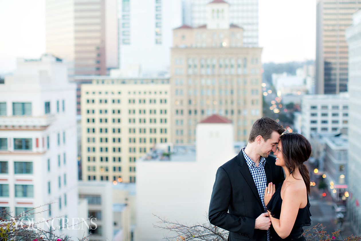 San Diego engagement session, downtown San Diego engagement session, St. James Hotel engagement session, rooftop engagement session, gaslamp engagement session, urban engagement session, skyline engagement session, San Diego skyline engagement session