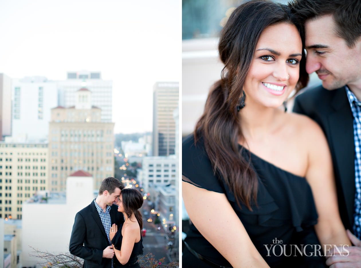 San Diego engagement session, downtown San Diego engagement session, St. James Hotel engagement session, rooftop engagement session, gaslamp engagement session, urban engagement session, skyline engagement session, San Diego skyline engagement session