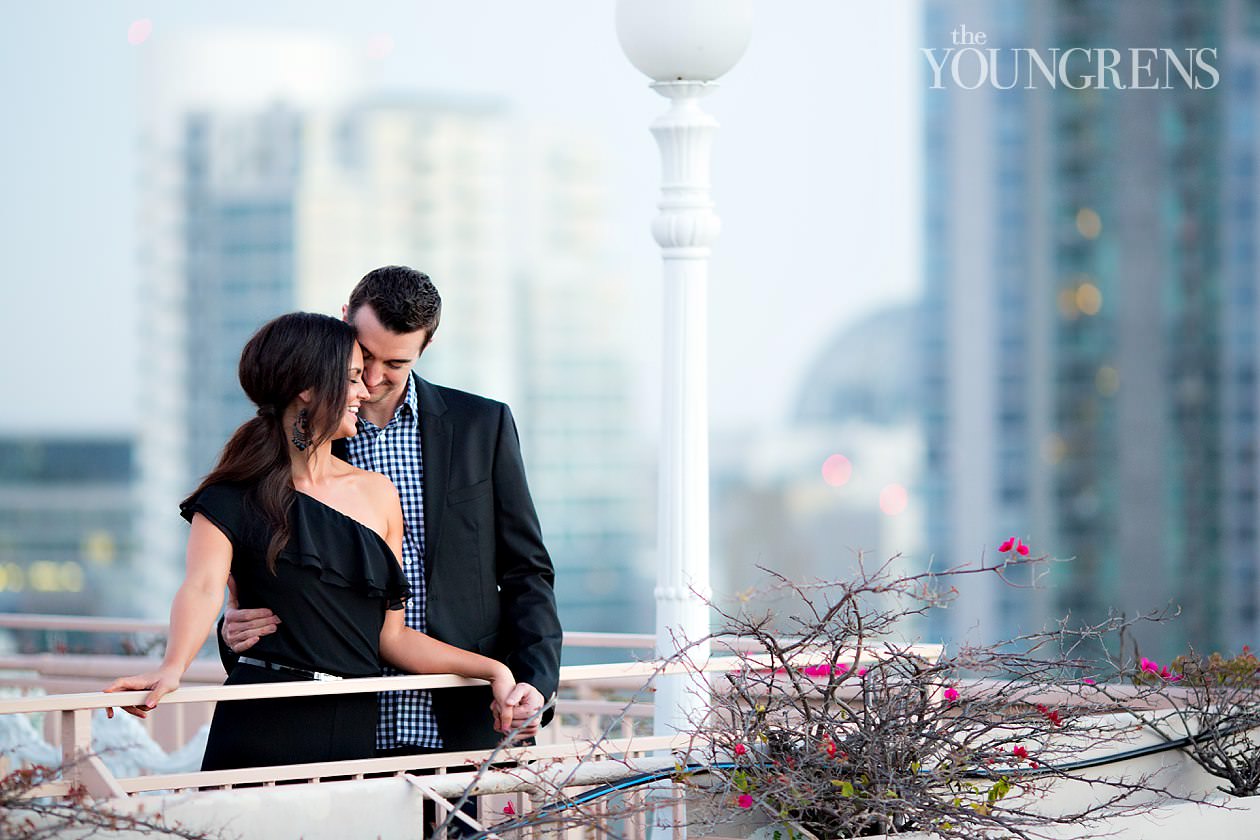 San Diego engagement session, downtown San Diego engagement session, St. James Hotel engagement session, rooftop engagement session, gaslamp engagement session, urban engagement session, skyline engagement session, San Diego skyline engagement session