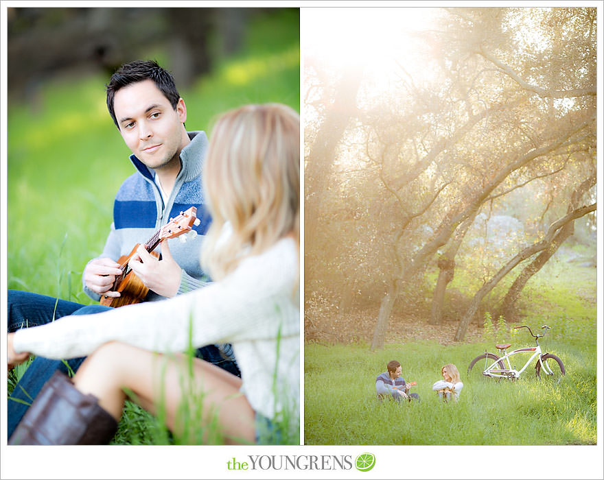 Felicita Park engagement session, Escondido engagement, bike engagement, park engagement, San Diego engagement, Ukulele engagement, marriage book engagement, cozy engagement, sweater engagement