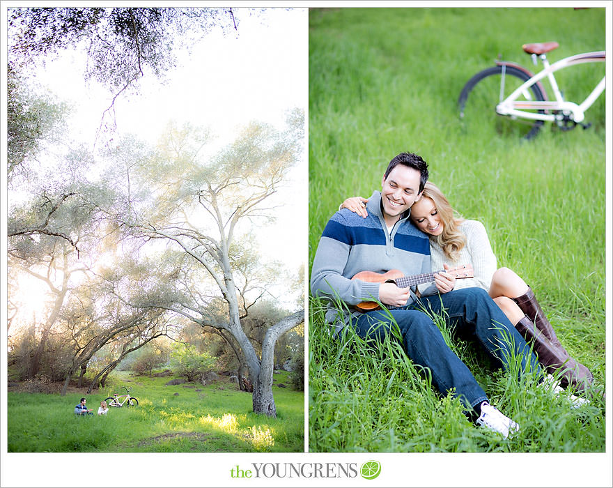 Felicita Park engagement session, Escondido engagement, bike engagement, park engagement, San Diego engagement, Ukulele engagement, marriage book engagement, cozy engagement, sweater engagement