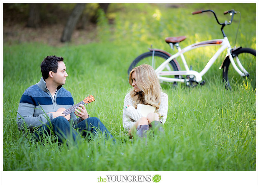 Felicita Park engagement session, Escondido engagement, bike engagement, park engagement, San Diego engagement, Ukulele engagement, marriage book engagement, cozy engagement, sweater engagement