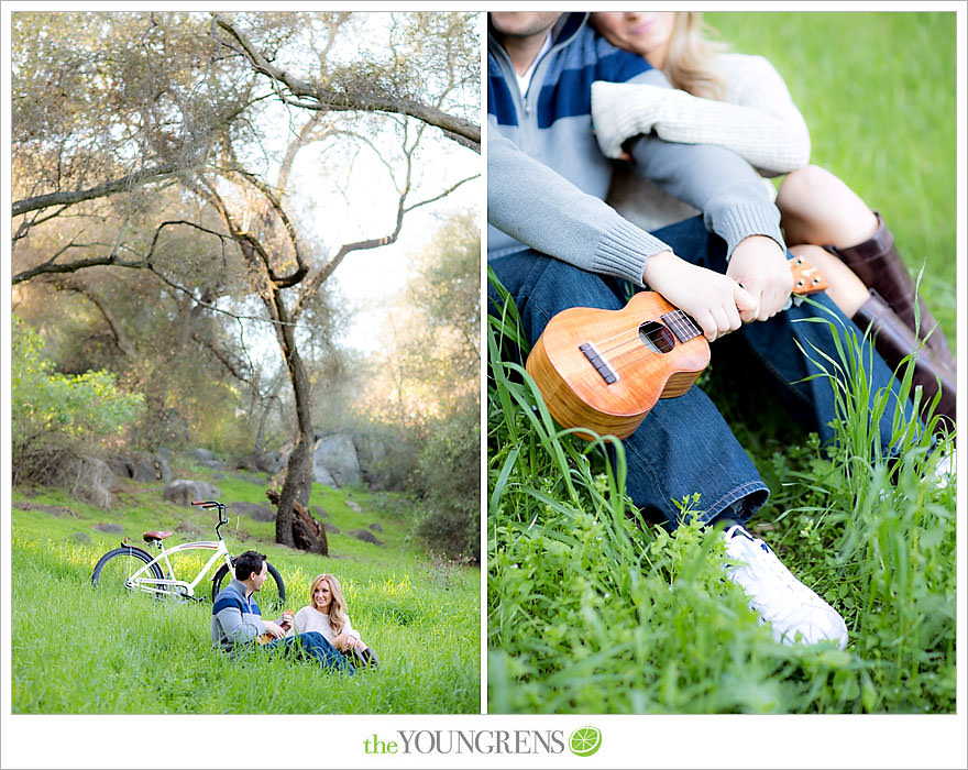 Felicita Park engagement session, Escondido engagement, bike engagement, park engagement, San Diego engagement, Ukulele engagement, marriage book engagement, cozy engagement, sweater engagement