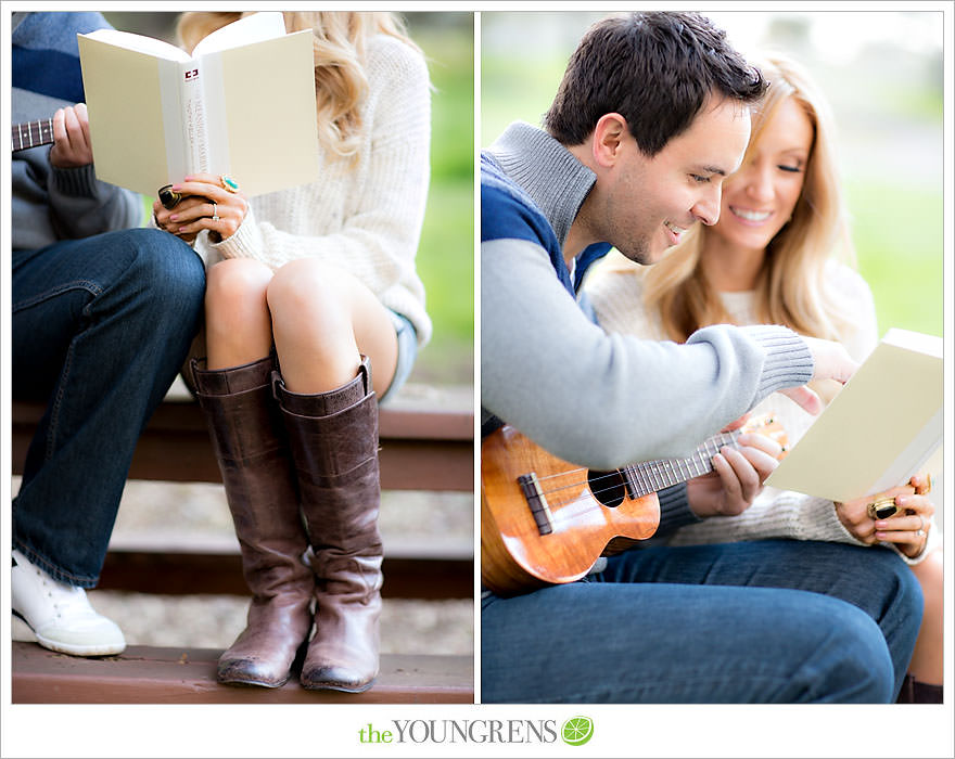 Felicita Park engagement session, Escondido engagement, bike engagement, park engagement, San Diego engagement, Ukulele engagement, marriage book engagement, cozy engagement, sweater engagement