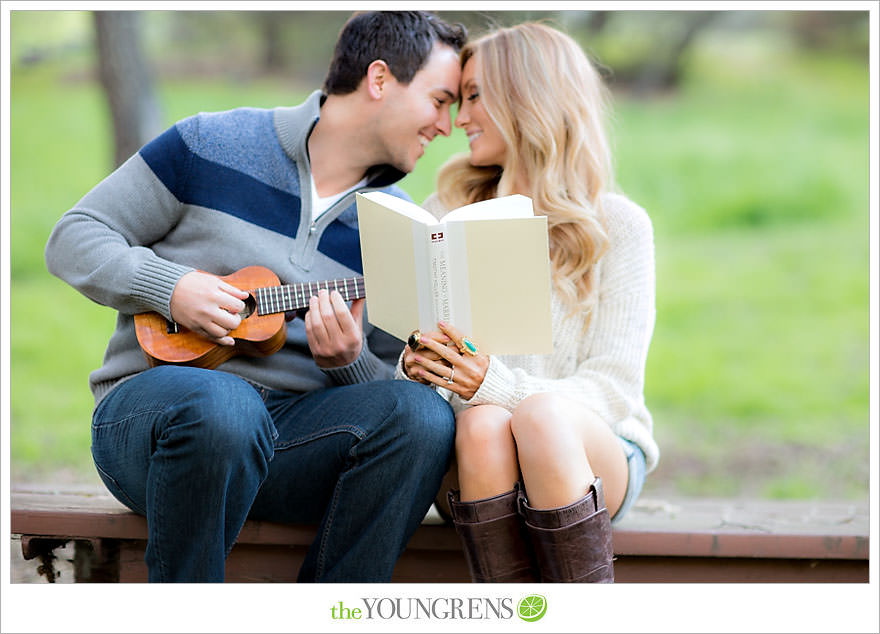 Felicita Park engagement session, Escondido engagement, bike engagement, park engagement, San Diego engagement, Ukulele engagement, marriage book engagement, cozy engagement, sweater engagement