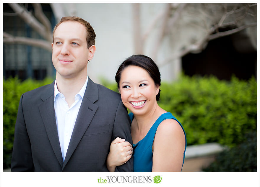 Balboa Park engagement session, Old Globe Theater engagement session, San Diego engagement session, Museum of Man engagement session, blue dress engagement session, grey suit engagement session, rose garden engagement session