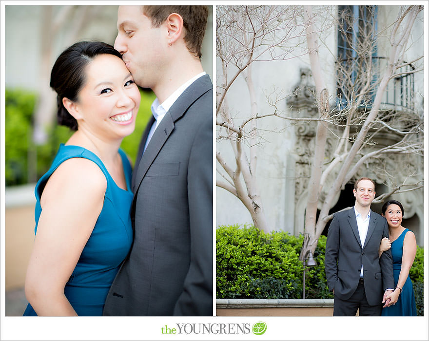 Balboa Park engagement session, Old Globe Theater engagement session, San Diego engagement session, Museum of Man engagement session, blue dress engagement session, grey suit engagement session, rose garden engagement session