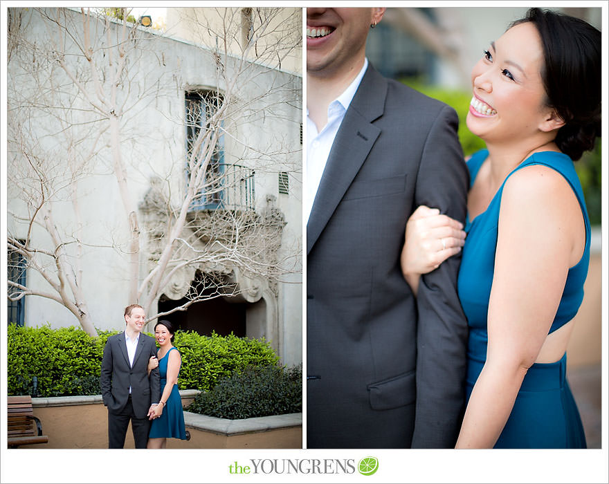 Balboa Park engagement session, Old Globe Theater engagement session, San Diego engagement session, Museum of Man engagement session, blue dress engagement session, grey suit engagement session, rose garden engagement session