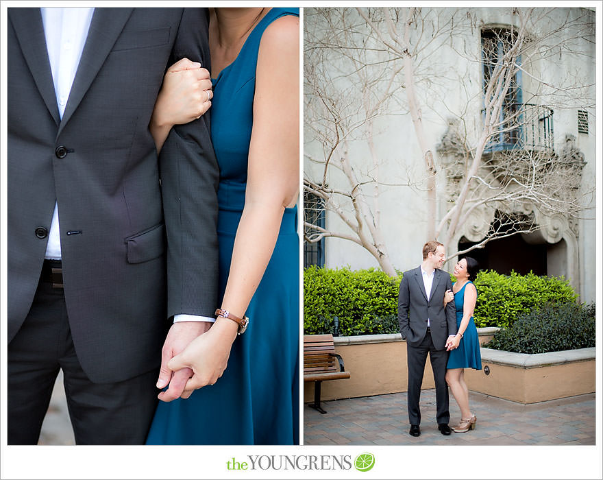 Balboa Park engagement session, Old Globe Theater engagement session, San Diego engagement session, Museum of Man engagement session, blue dress engagement session, grey suit engagement session, rose garden engagement session