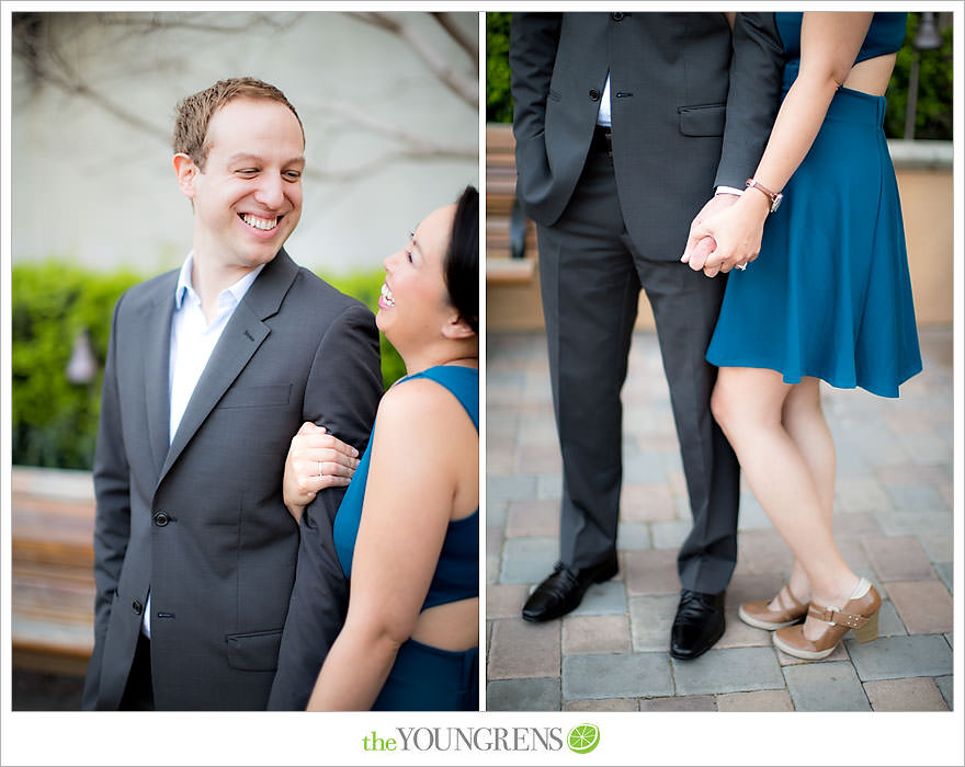 Balboa Park engagement session, Old Globe Theater engagement session, San Diego engagement session, Museum of Man engagement session, blue dress engagement session, grey suit engagement session, rose garden engagement session