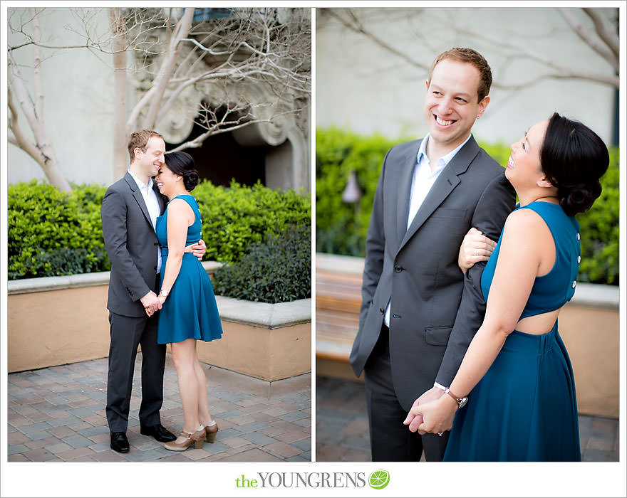 Balboa Park engagement session, Old Globe Theater engagement session, San Diego engagement session, Museum of Man engagement session, blue dress engagement session, grey suit engagement session, rose garden engagement session