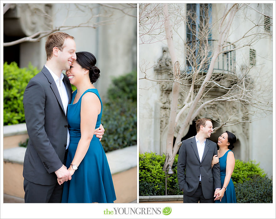 Balboa Park engagement session, Old Globe Theater engagement session, San Diego engagement session, Museum of Man engagement session, blue dress engagement session, grey suit engagement session, rose garden engagement session