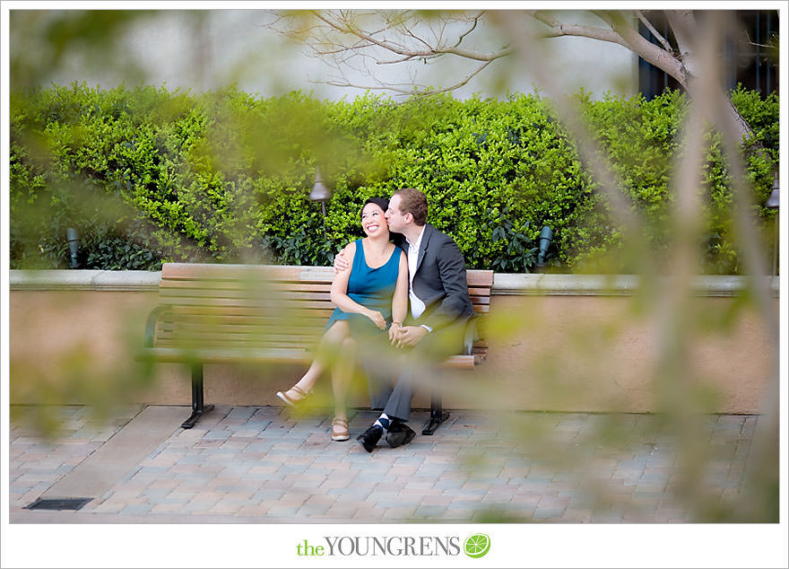 Balboa Park engagement session, Old Globe Theater engagement session, San Diego engagement session, Museum of Man engagement session, blue dress engagement session, grey suit engagement session, rose garden engagement session