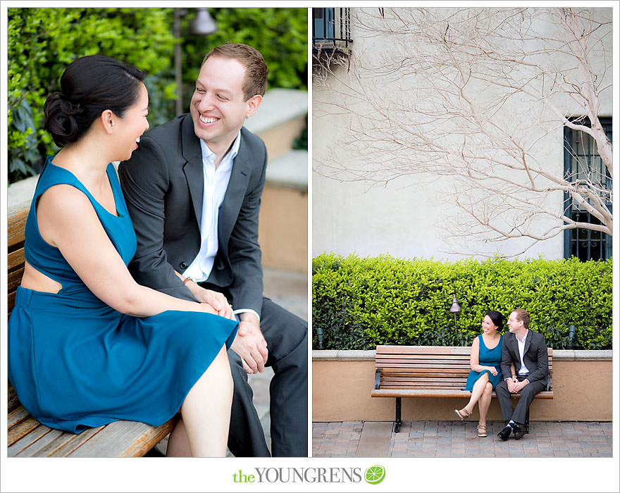 Balboa Park engagement session, Old Globe Theater engagement session, San Diego engagement session, Museum of Man engagement session, blue dress engagement session, grey suit engagement session, rose garden engagement session