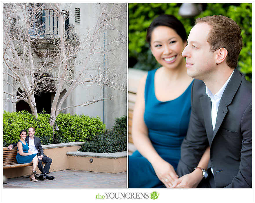 Balboa Park engagement session, Old Globe Theater engagement session, San Diego engagement session, Museum of Man engagement session, blue dress engagement session, grey suit engagement session, rose garden engagement session