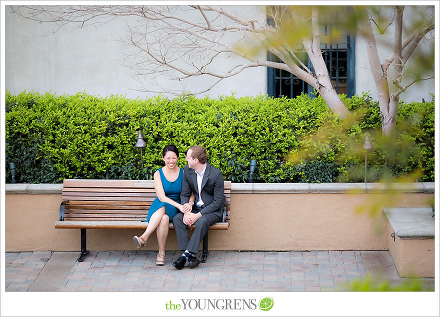 Balboa Park engagement session, Old Globe Theater engagement session, San Diego engagement session, Museum of Man engagement session, blue dress engagement session, grey suit engagement session, rose garden engagement session