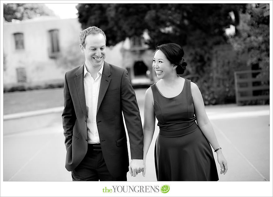 Balboa Park engagement session, Old Globe Theater engagement session, San Diego engagement session, Museum of Man engagement session, blue dress engagement session, grey suit engagement session, rose garden engagement session