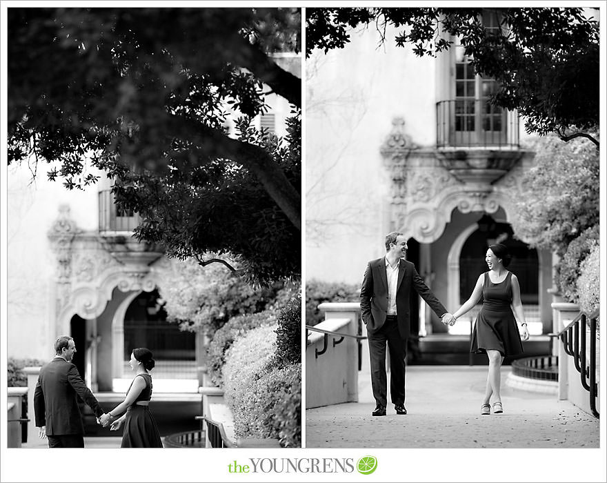 Balboa Park engagement session, Old Globe Theater engagement session, San Diego engagement session, Museum of Man engagement session, blue dress engagement session, grey suit engagement session, rose garden engagement session